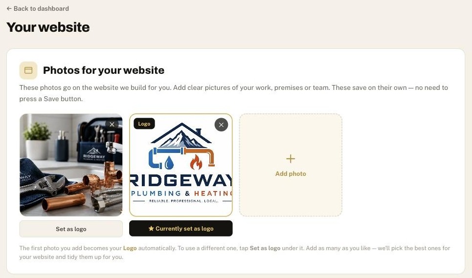 The client portal page where a business tells the AI generator about itself