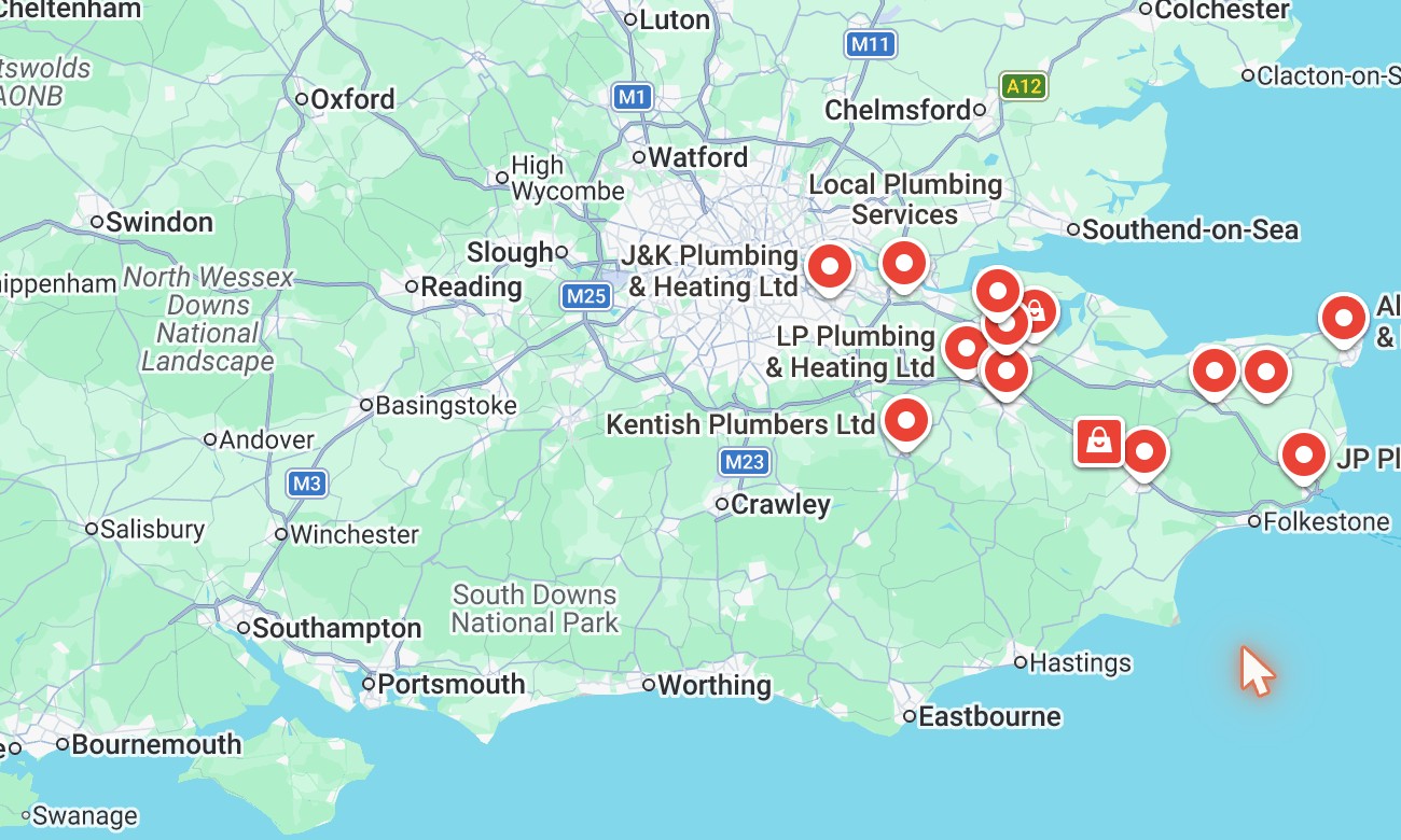 A real Google Maps view showing multiple business location pins across a region