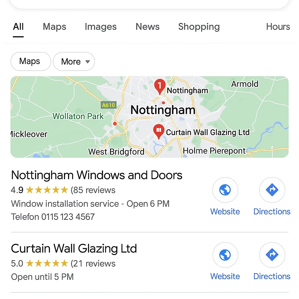 A business appearing in Google Maps and local search results