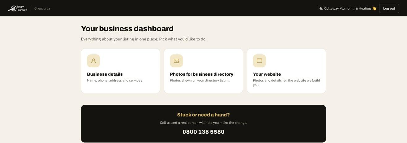 The client portal's dashboard, showing business details, photos and website management