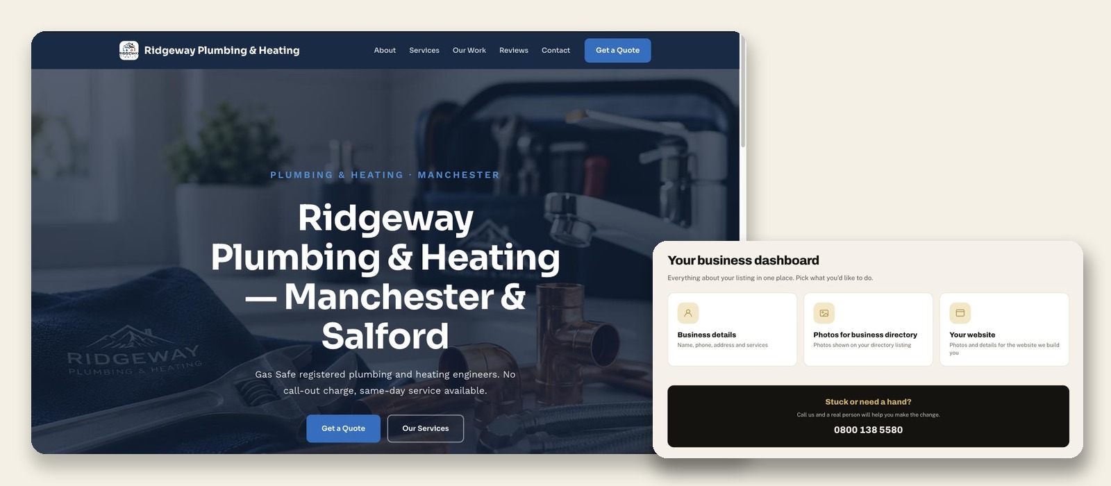 A generated client website next to its client portal dashboard